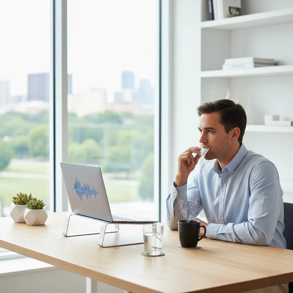 Person using energy pouches for focus while working at a desk, demonstrating discreet oral pouch placement