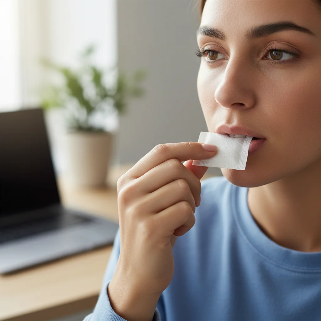 Person using CBD pouches for stress relief by placing pouch under lip