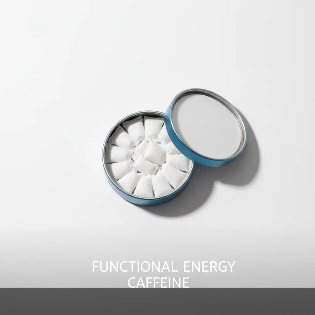 Round tin of functional energy pouches open showing white caffeine pouches inside