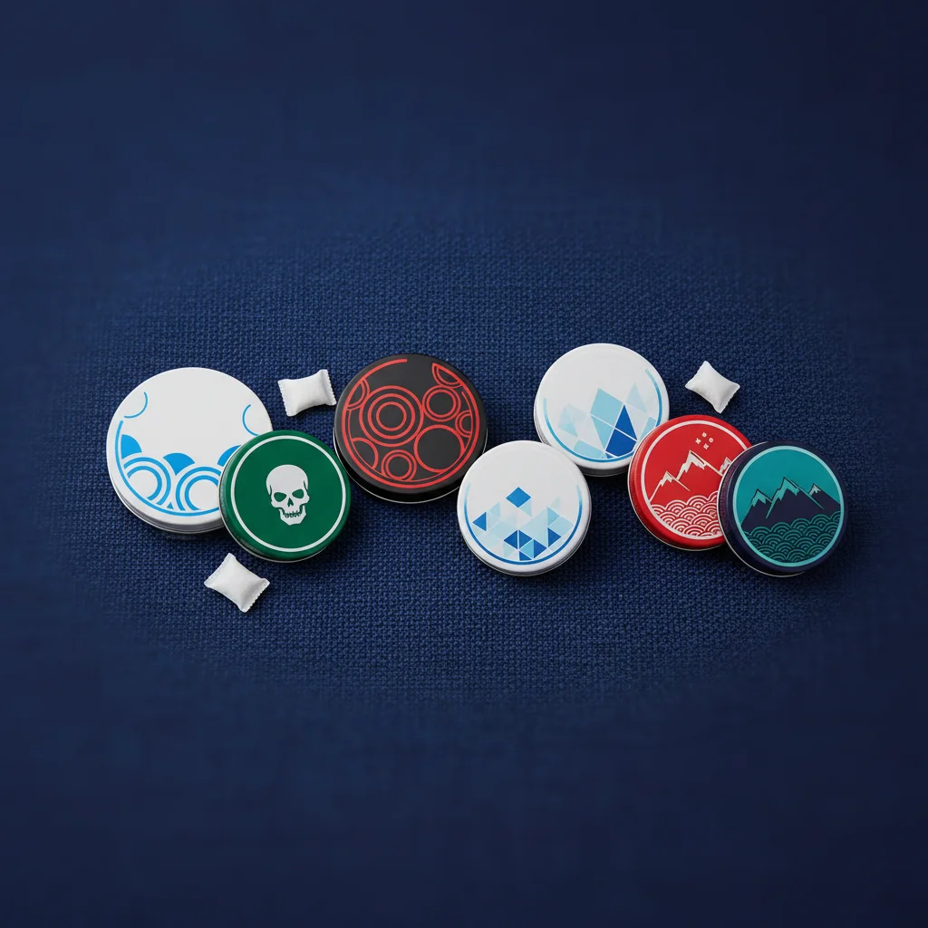 Nicotine pouch formats explained — slim and mini round tins on navy background, premium studio product photo