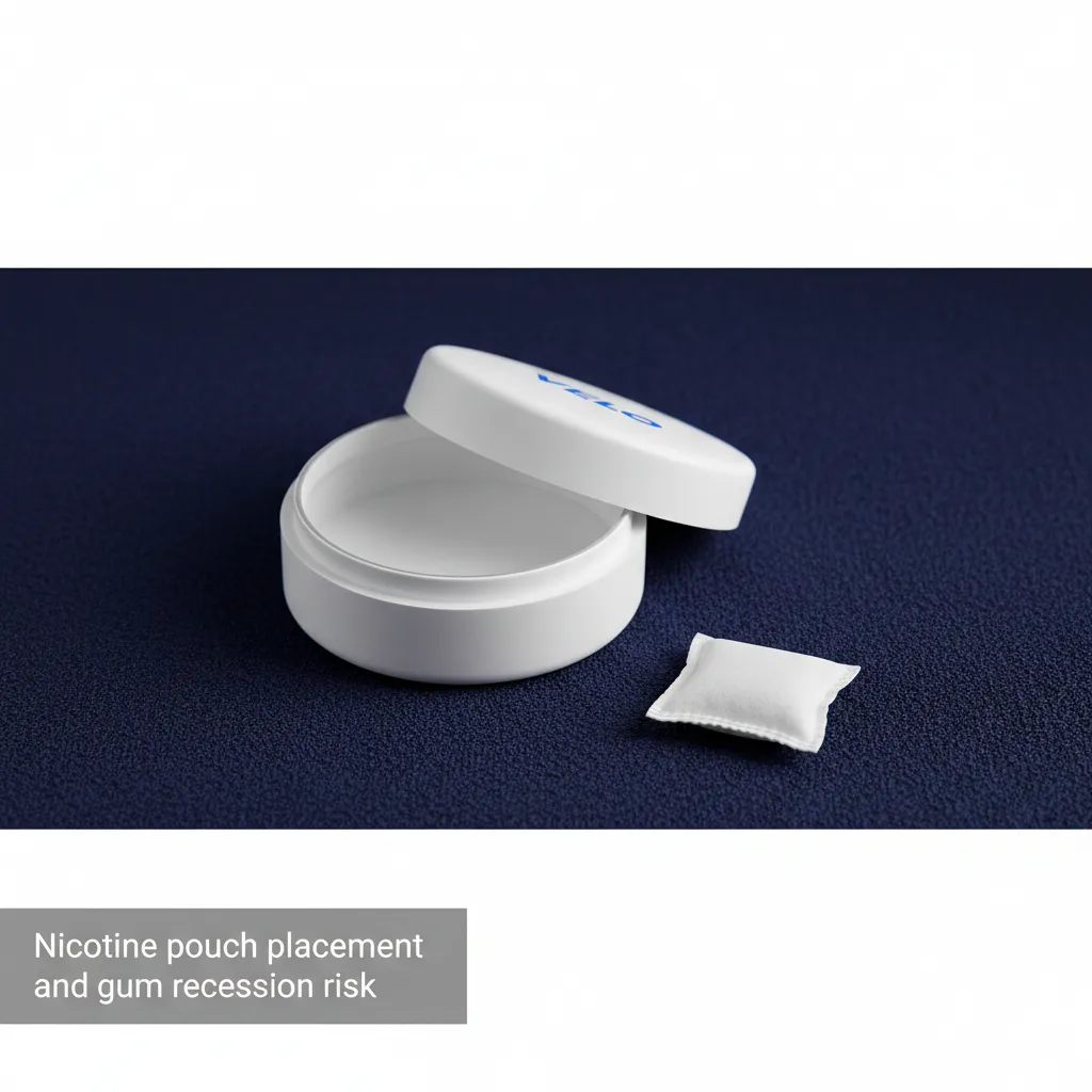nicotine pouch tin and soft white pouch sachet illustrating nicotine pouch gum recession risk