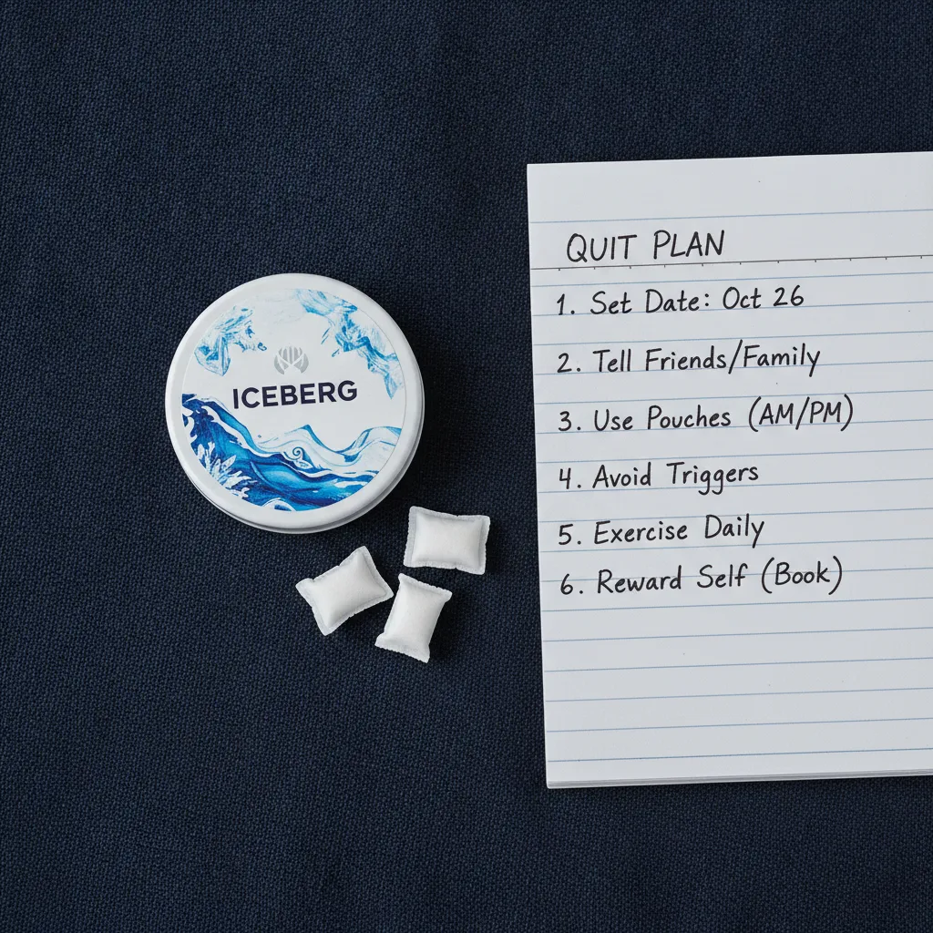 Behavioral planning tools and tobacco-free nicotine pouch tin representing best smoking cessation methods and alternatives
