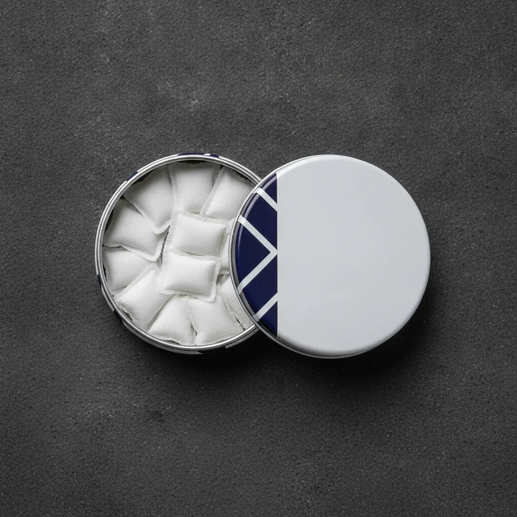 How to use pouches — open round nicotine pouch tin showing white pouches inside, top-down view