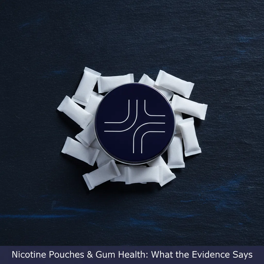 Nicotine pouches and gum disease risk overview — round tin with slim white pouches on dark background