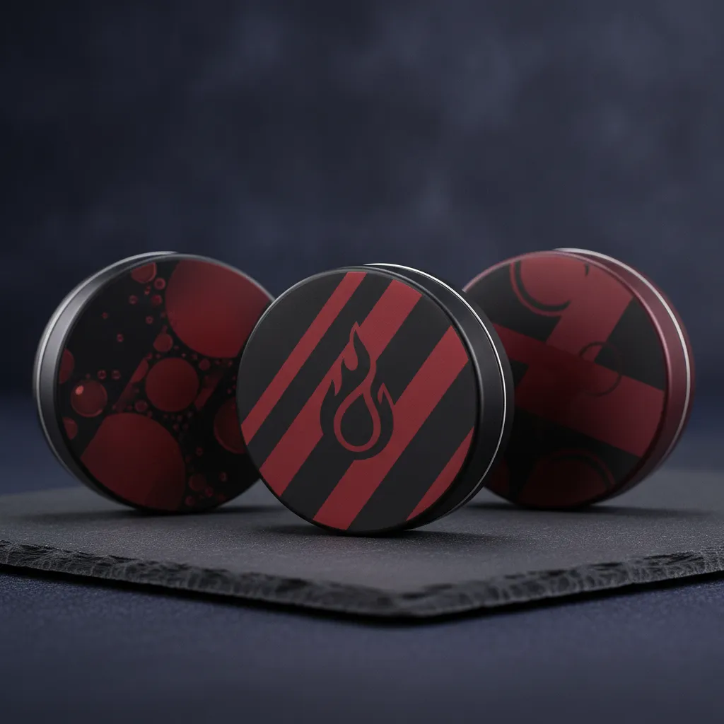 Cola and sweet nicotine pouch flavors guide showing dark-colored tins on a textured surface