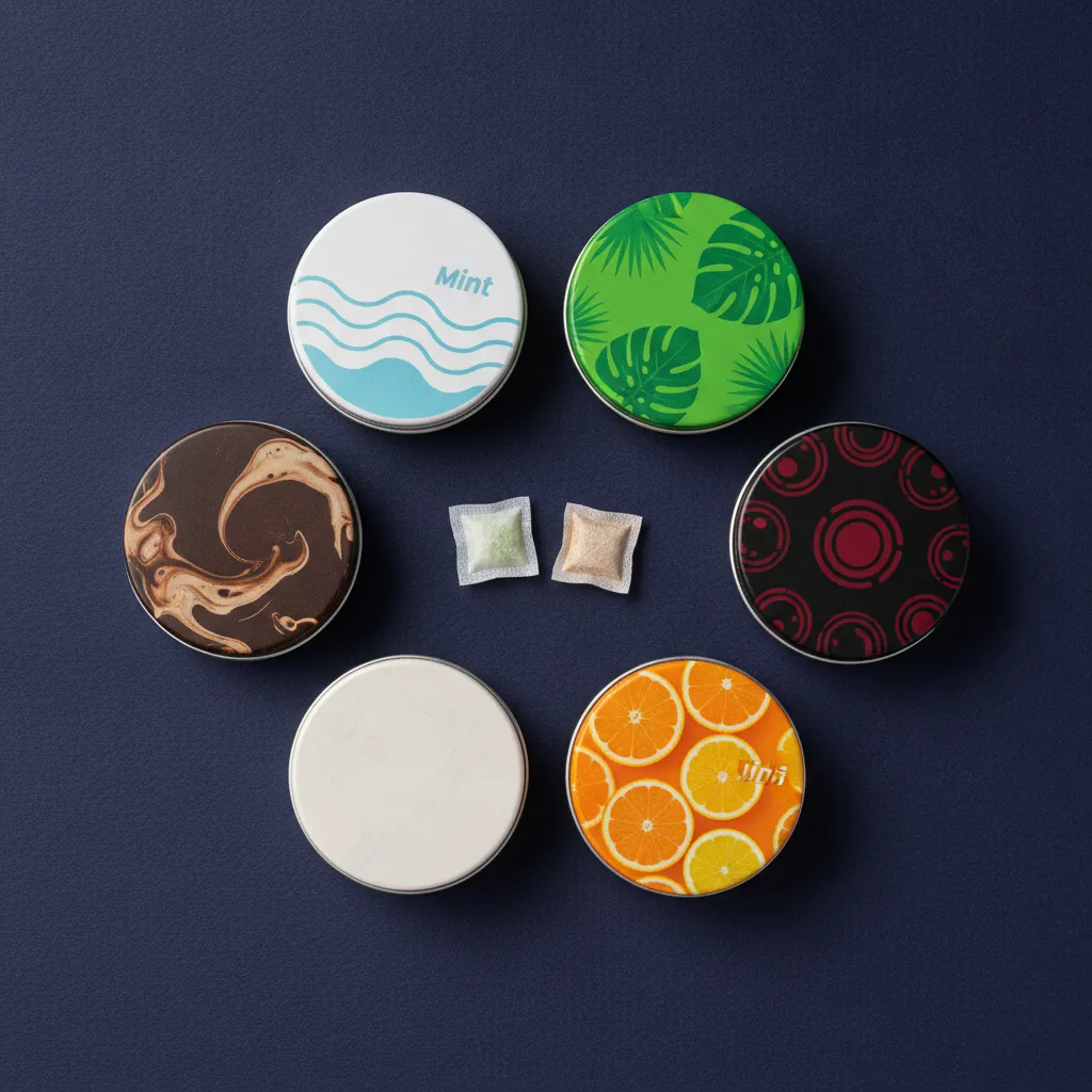 Complete nicotine pouch flavors guide showing six flavor category tins arranged on a dark background