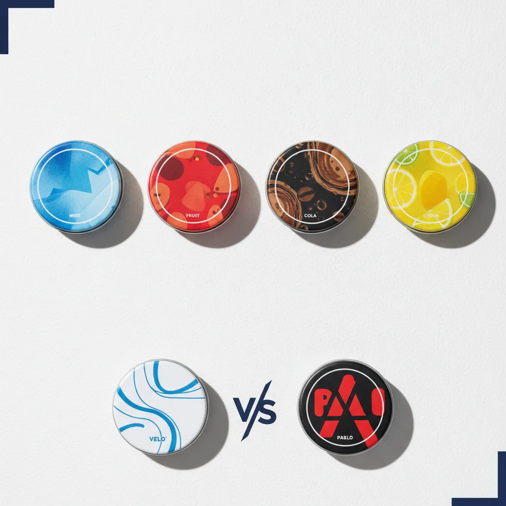 Nicotine pouch flavors guide overview showing five flavor category tins in a flat lay arrangement
