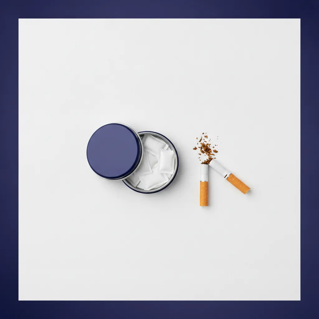 nicotine pouch tin next to broken cigarette representing how to quit smoking tips and smoke-free alternatives