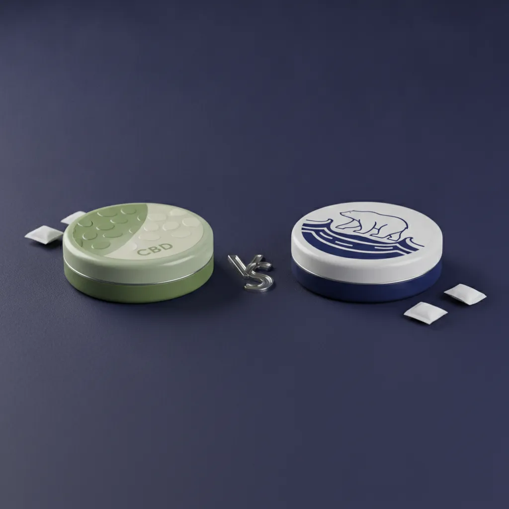 CBD pouches vs nicotine pouches two tins comparison product photo showing different pouch categories