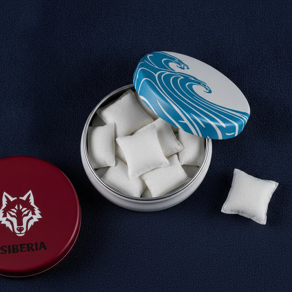 Open nicotine pouch tin revealing white sachets inside showing nicotine pouch ingredients