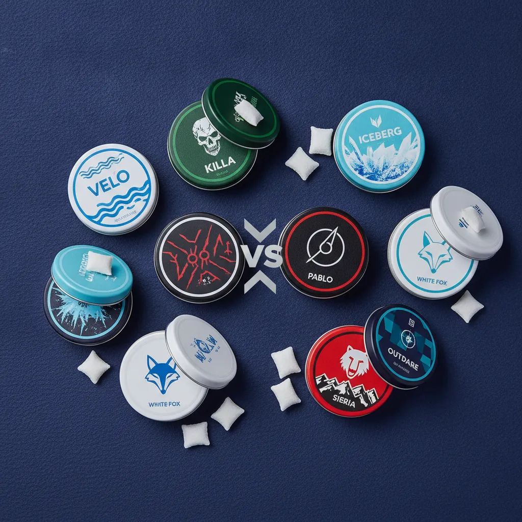 Selection of nicotine pouch tins showing variety of brands and nicotine pouch ingredients across the range