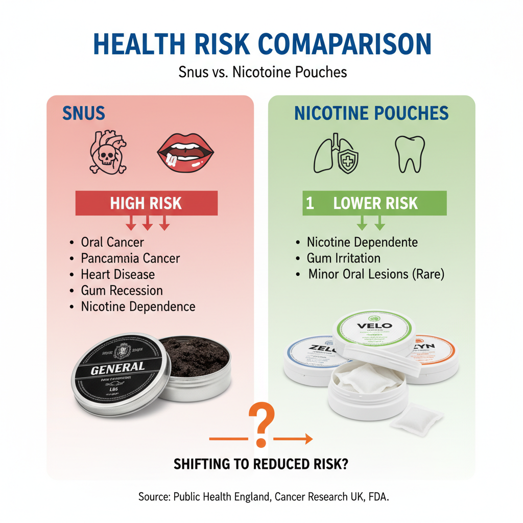 health comparison chart showing snus vs nicotine pouches safety profiles