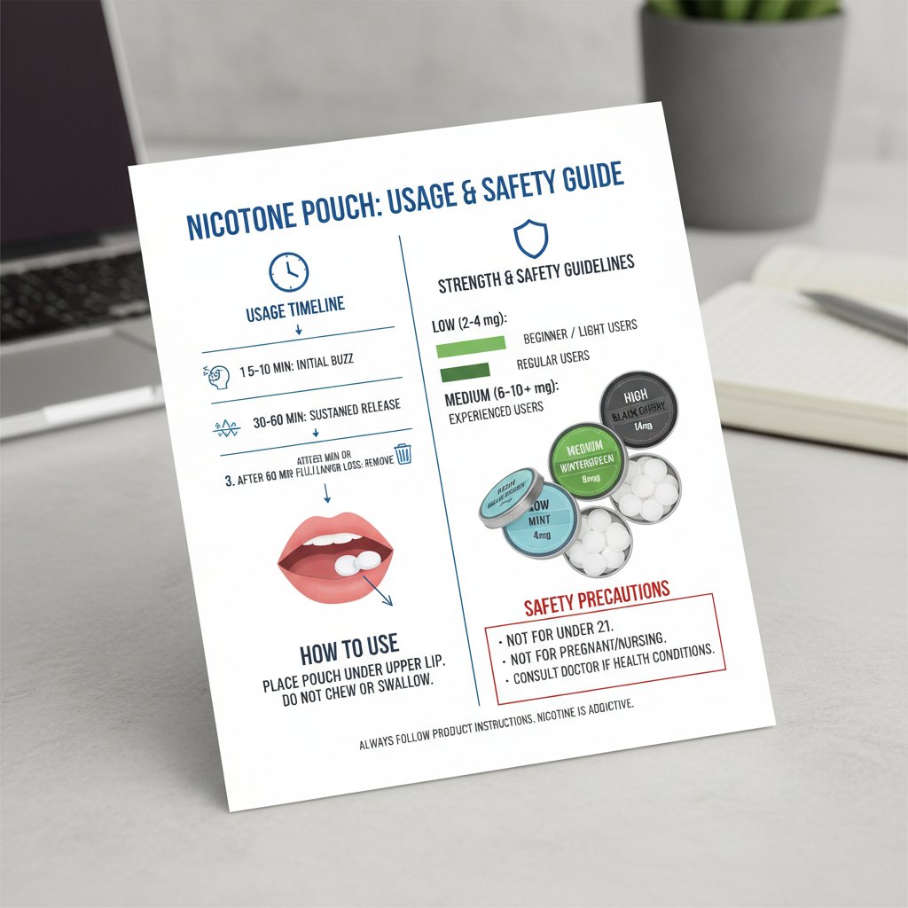 nicotine pouch strength guide safety infographic showing proper usage guidelines