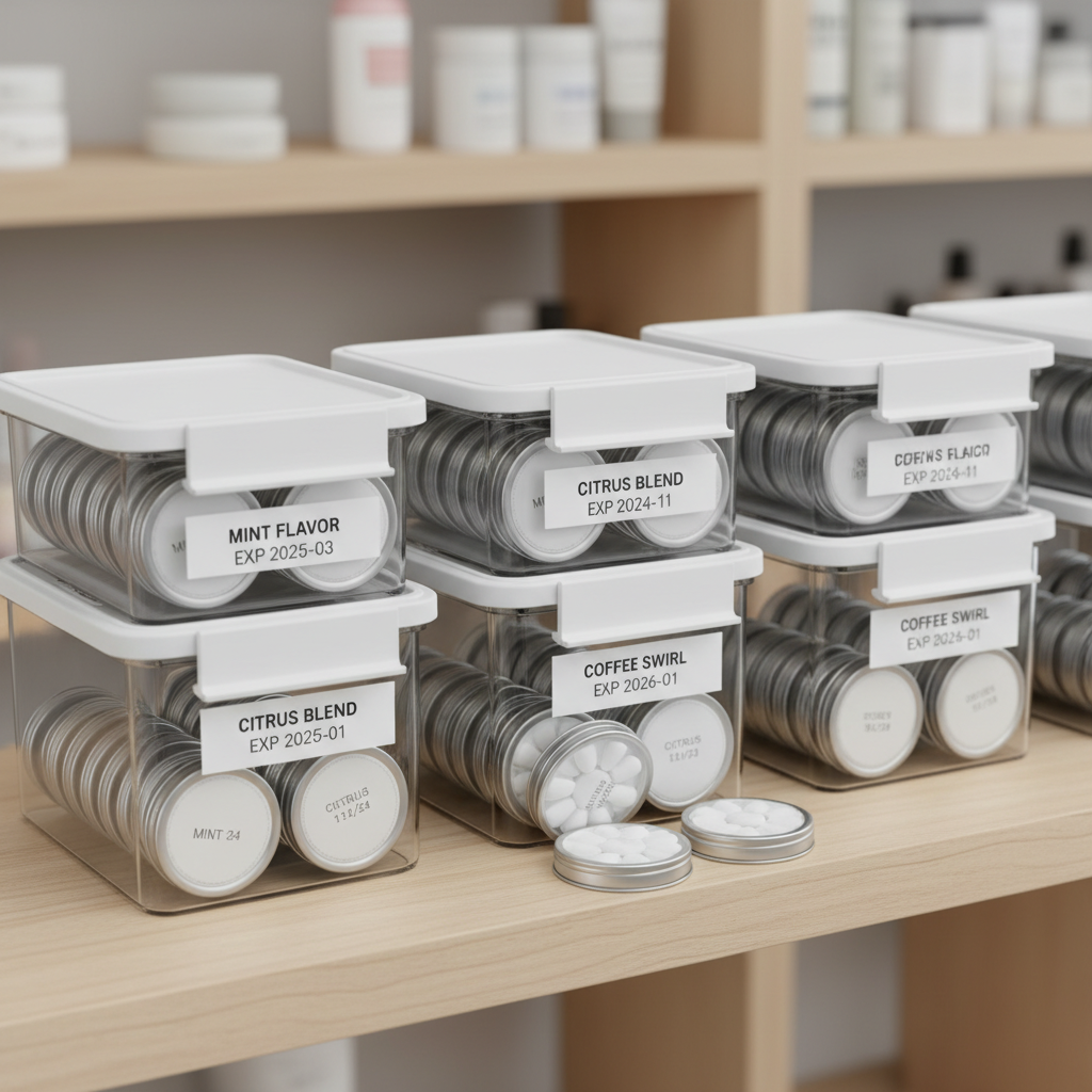 organized system showing how to store nicotine pouches with proper labeling