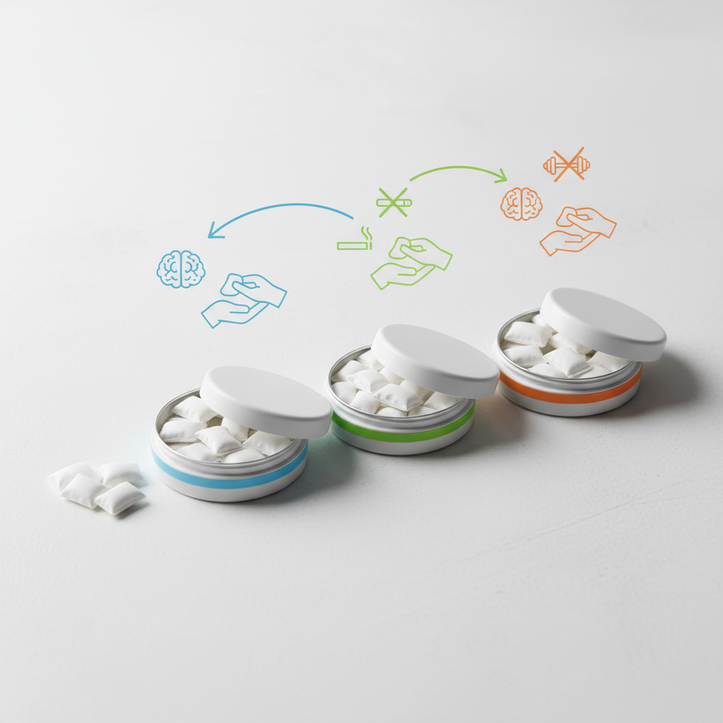 Three-pouch habit loop replacement system showing nicotine energy and CBD alternatives