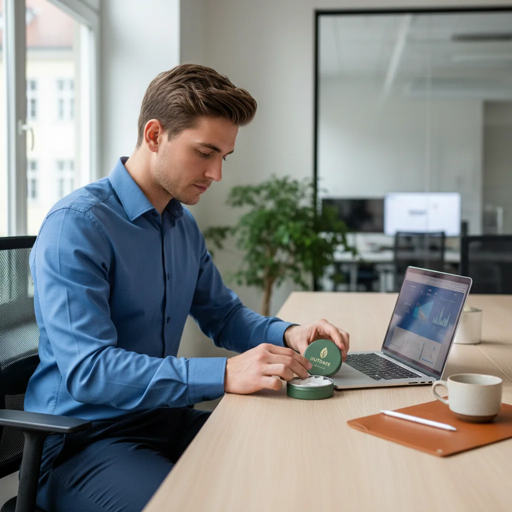 young professional using nicotine pouch alternatives at work showing Outdare energy pouch tin