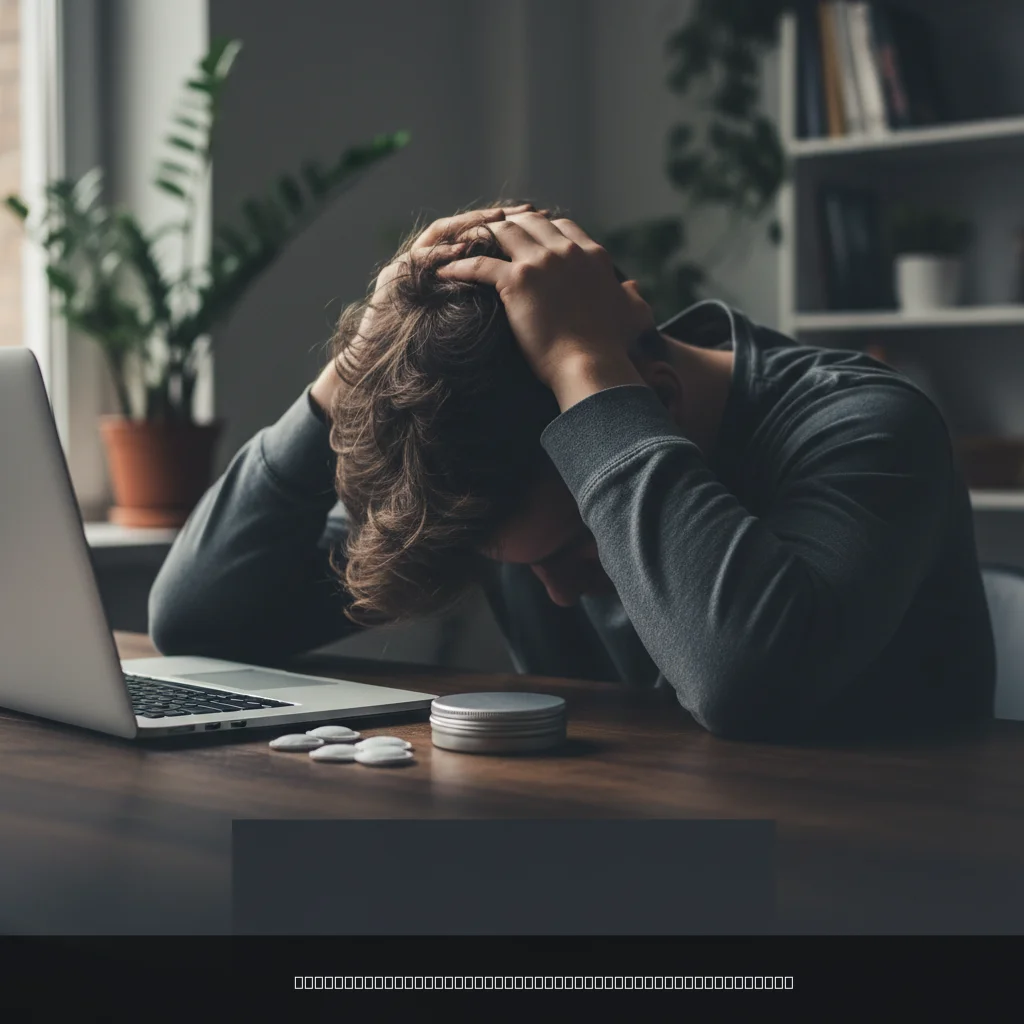 person experiencing nicotine pouch brain fog at a desk with a pouch tin nearby