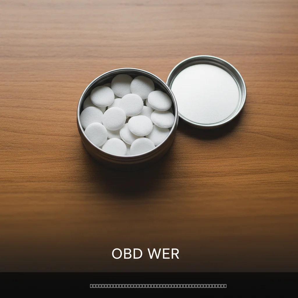 CBD pouches for anxiety displayed in an open round tin on a desk