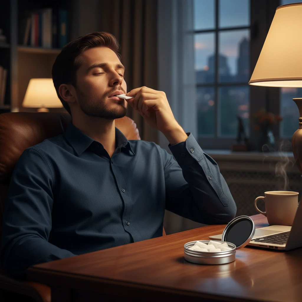 Man using CBD pouches for anxiety relief as an evening ritual at his desk