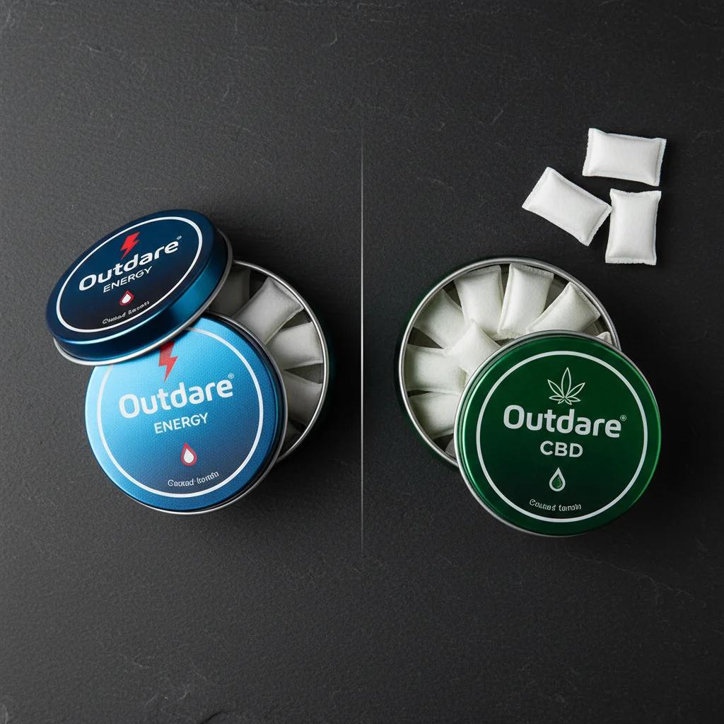 Outdare snus alternatives without nicotine energy and CBD pouch tins overhead view