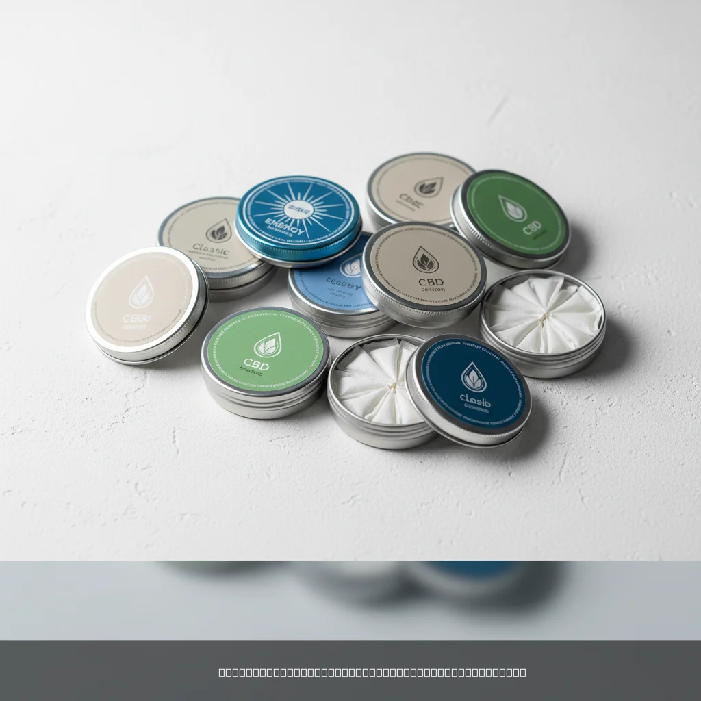 snus alternatives without nicotine displayed as round pouch tins on white surface