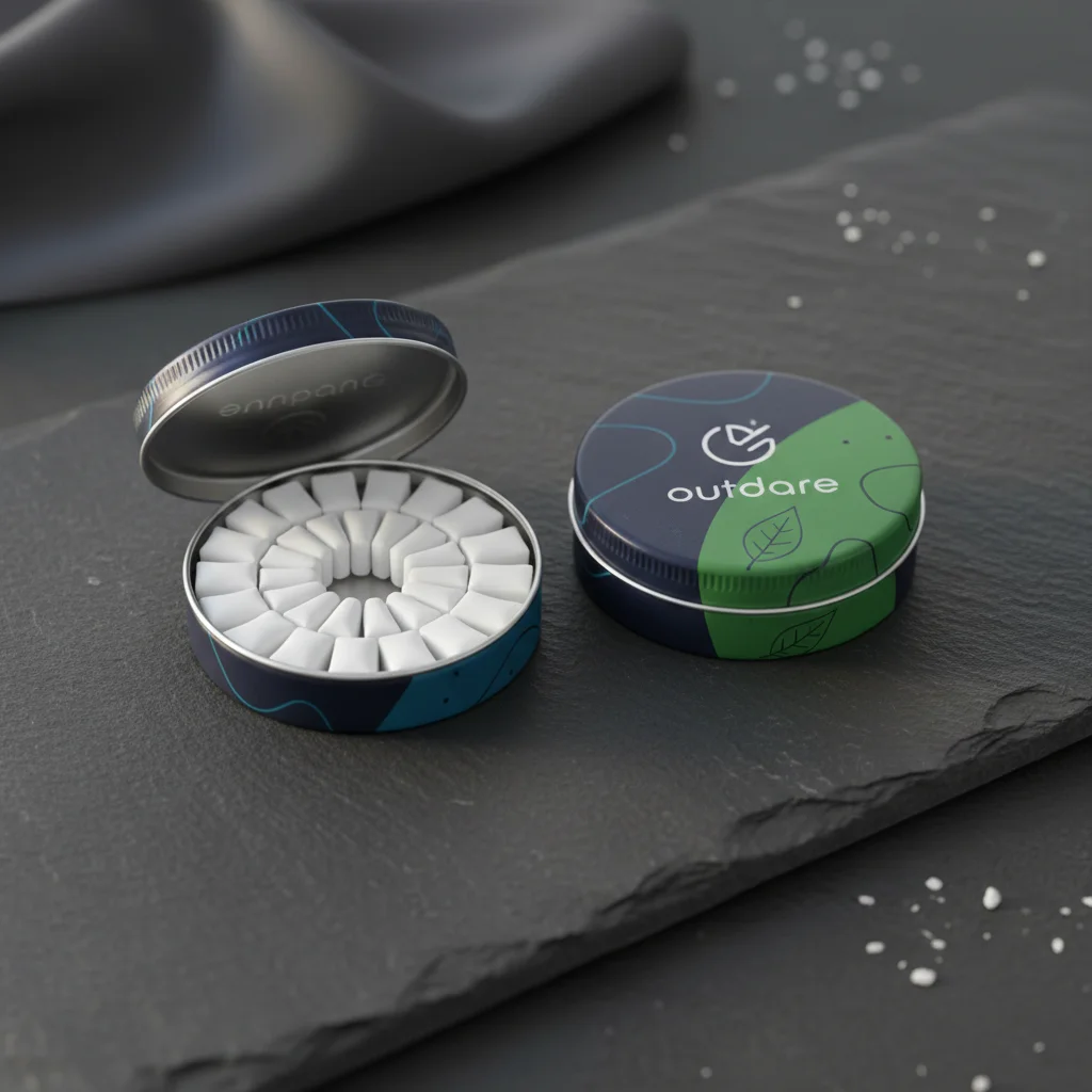 Outdare nicotine free oral pouches energy and CBD variants flat lay product photography