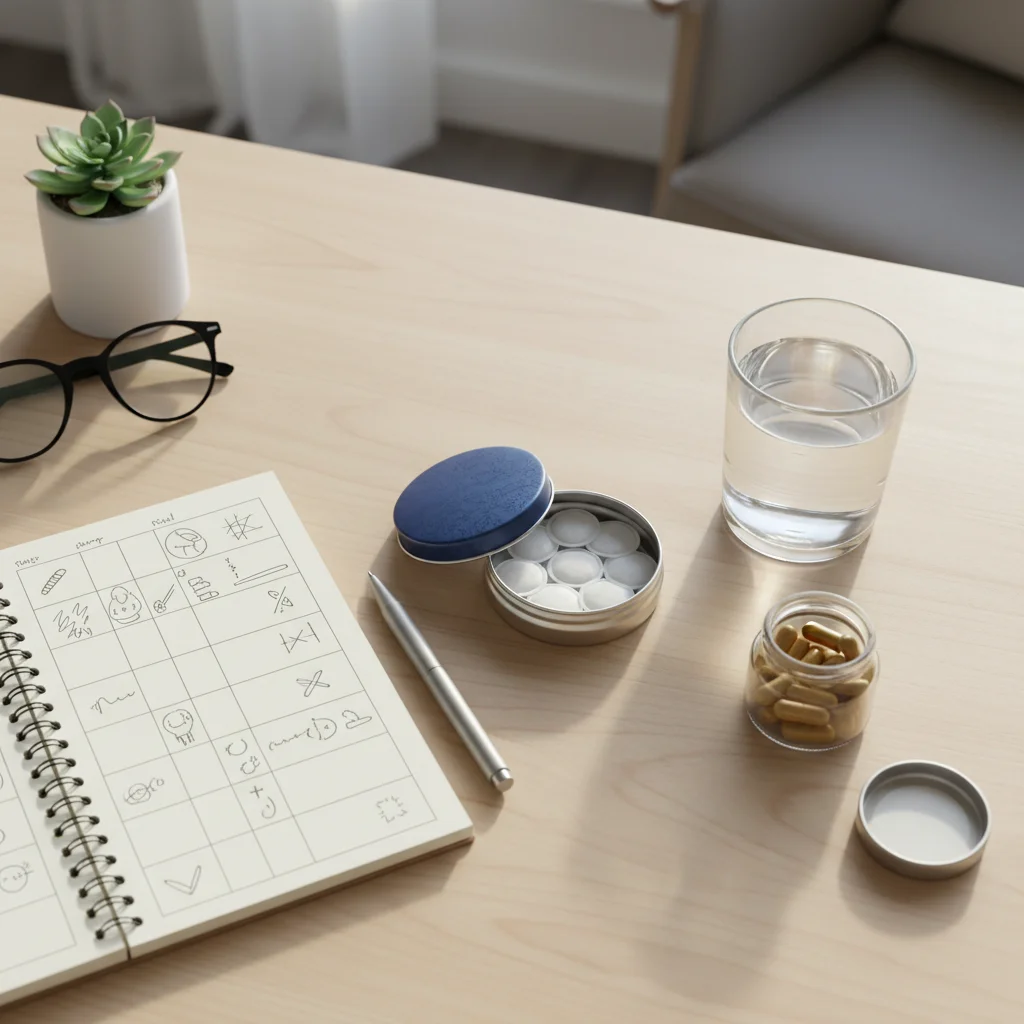 daily ritual combining adaptogens for stress relief with functional pouches and habit tracking