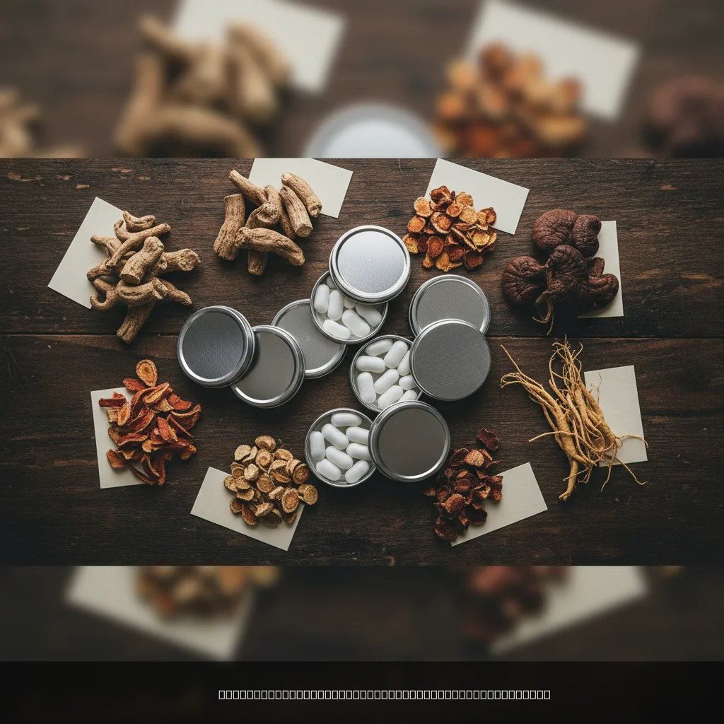 adaptogens for stress relief including ashwagandha rhodiola and reishi herbs arranged on wooden surface