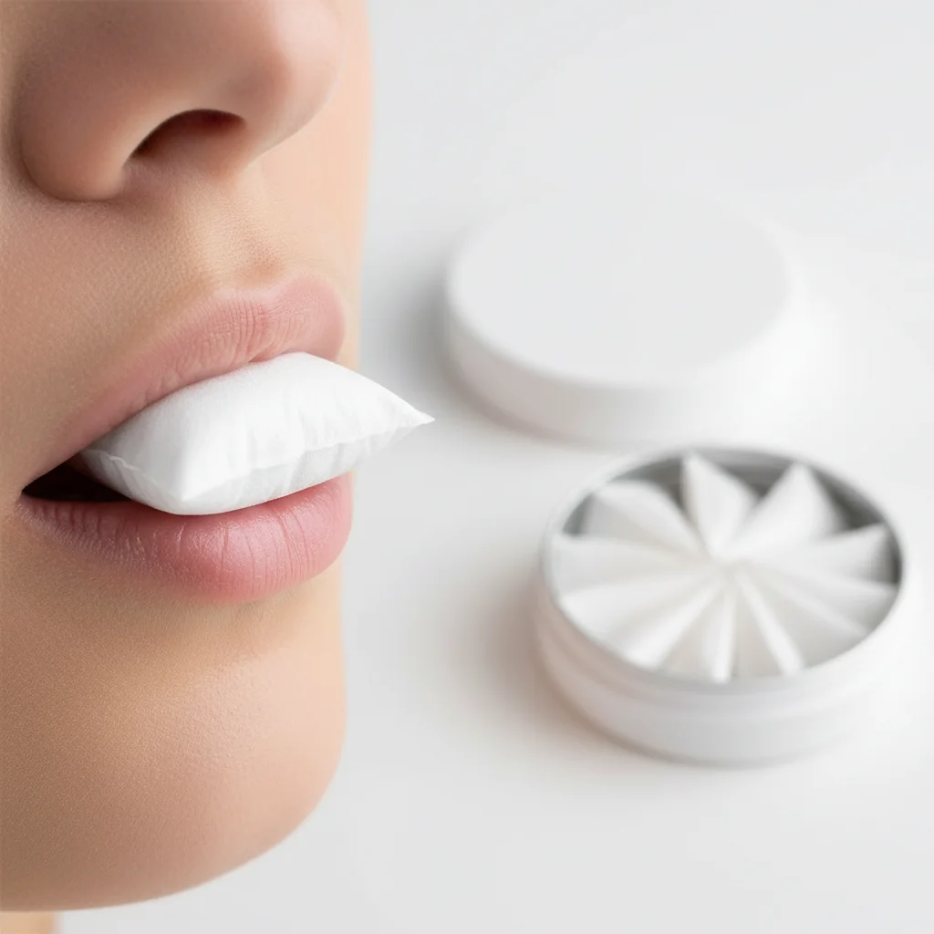 Close-up of a clean energy pouch placed under the lip showing sublingual absorption and mint pouch texture