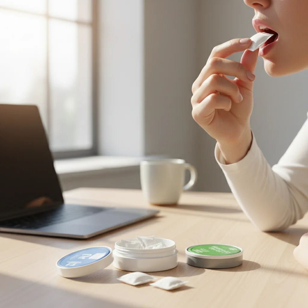User placing a tobacco-free functional pouch as a best oral nicotine alternative during a work session