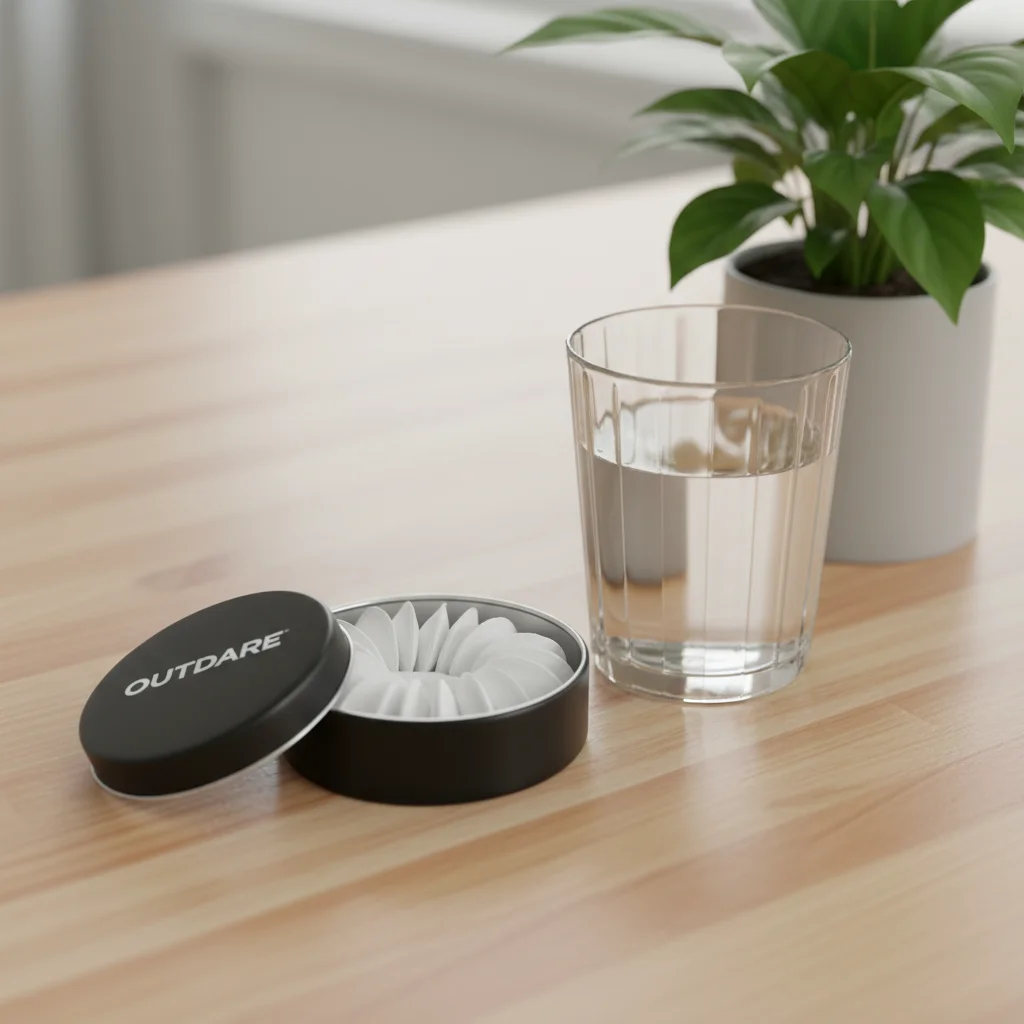 Outdare CBD pouch tin open showing white natural anxiety relief pouches on a wooden desk with wellness accessories