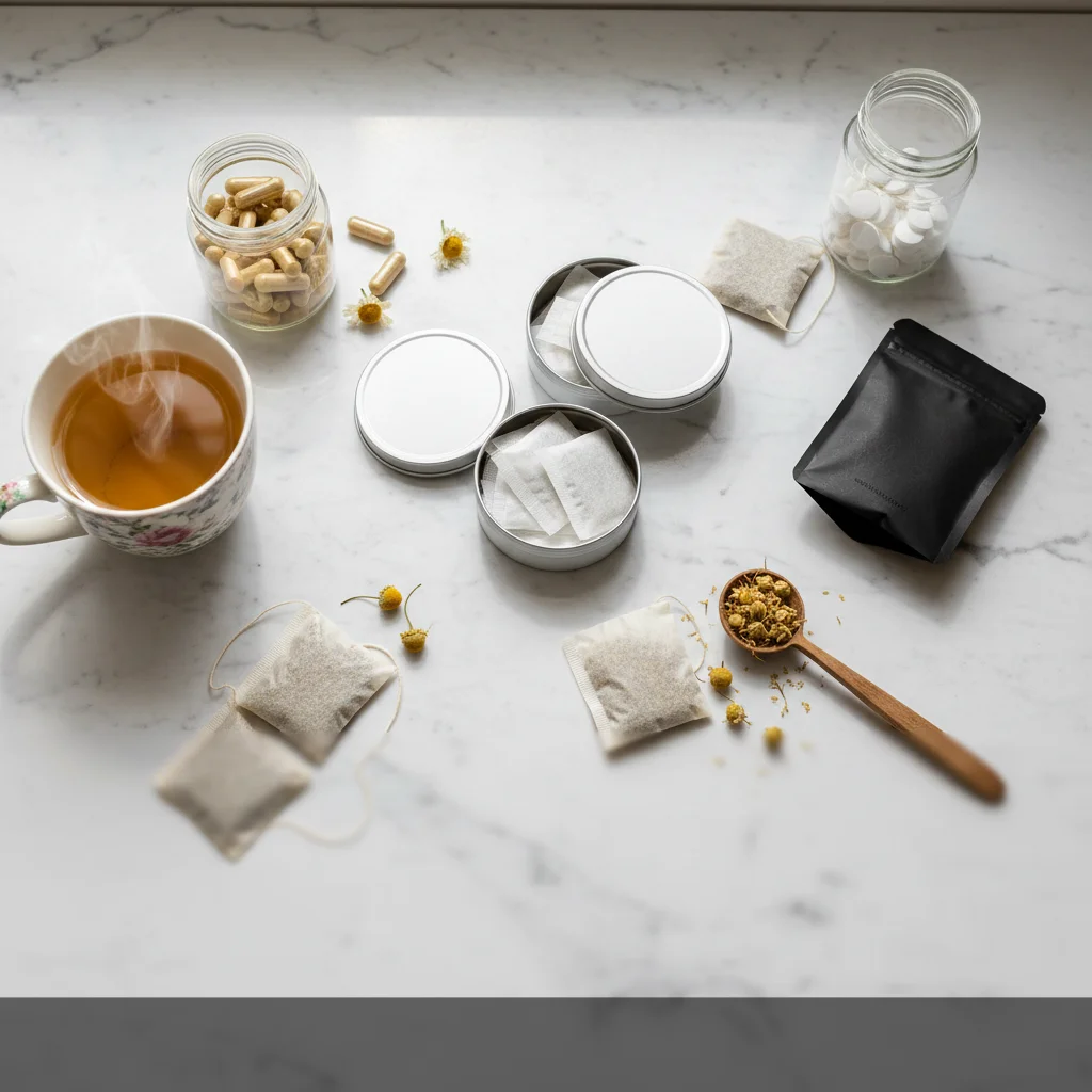 A selection of natural anxiety relief products including supplements, CBD pouches, and herbal remedies arranged on a marble surface