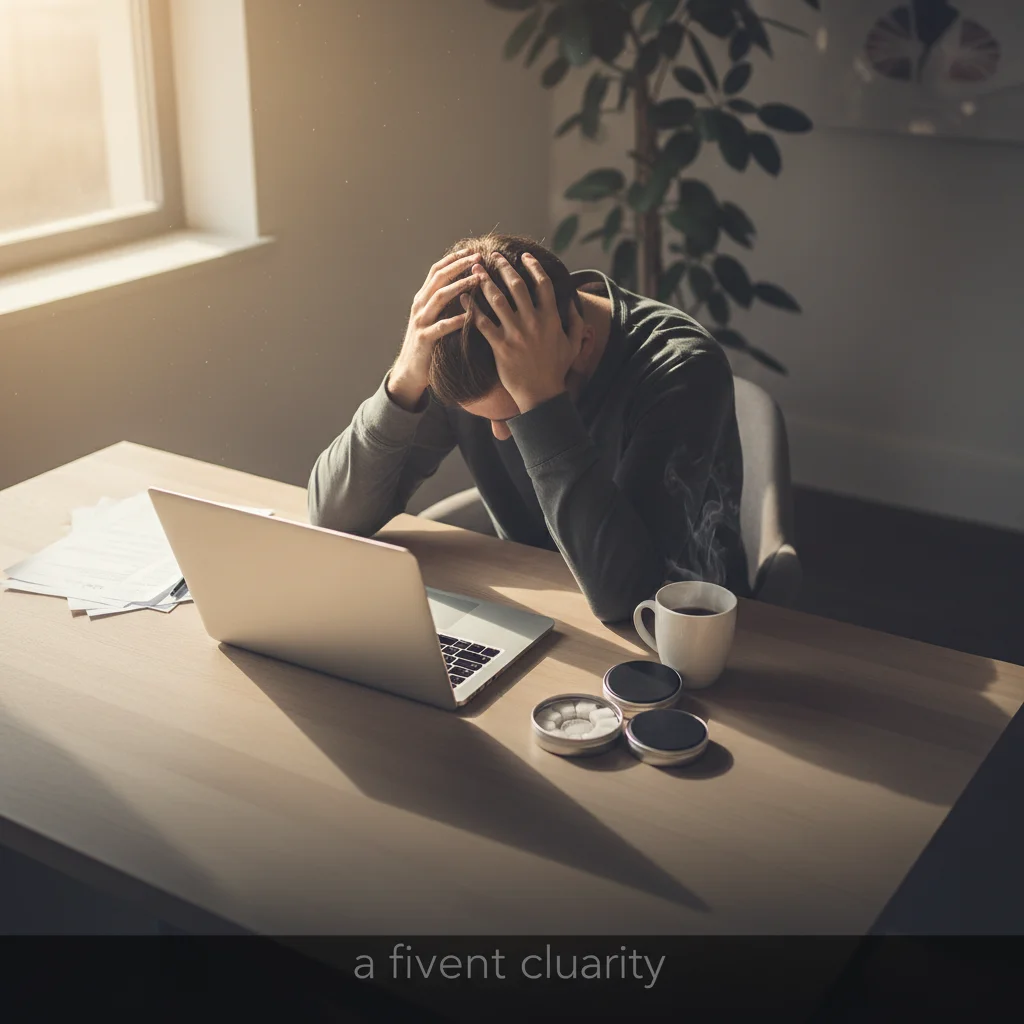 person experiencing brain fog and mental fatigue at desk, illustrating what causes brain fog