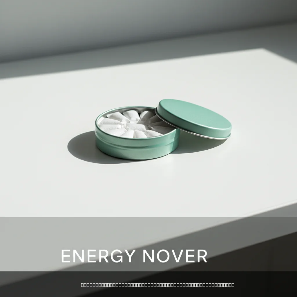 sugar free energy pouches in a round tin on a desk, clean flat lay photography