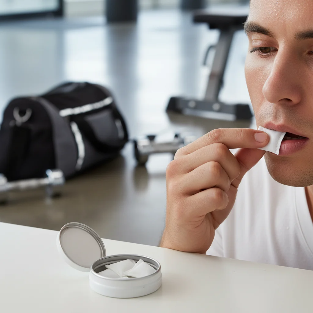 Using a clean energy supplement oral pouch before a workout for fast-acting focus