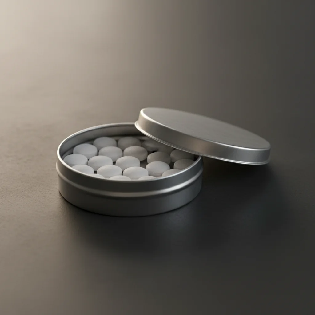 CBD natural stress relief products in round tin showing white mint pouches for evening anxiety relief