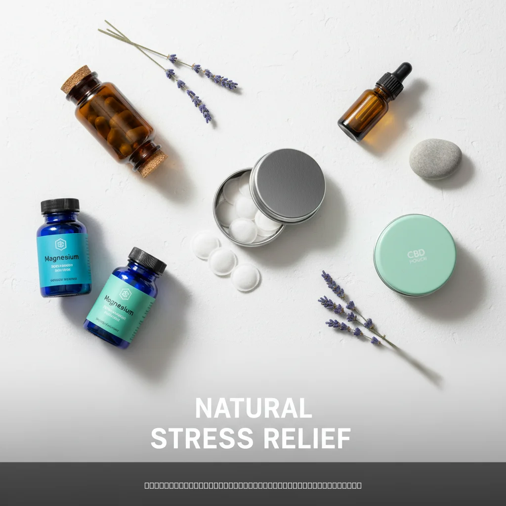 natural stress relief products including ashwagandha, magnesium, lavender oil and CBD pouches arranged on white surface