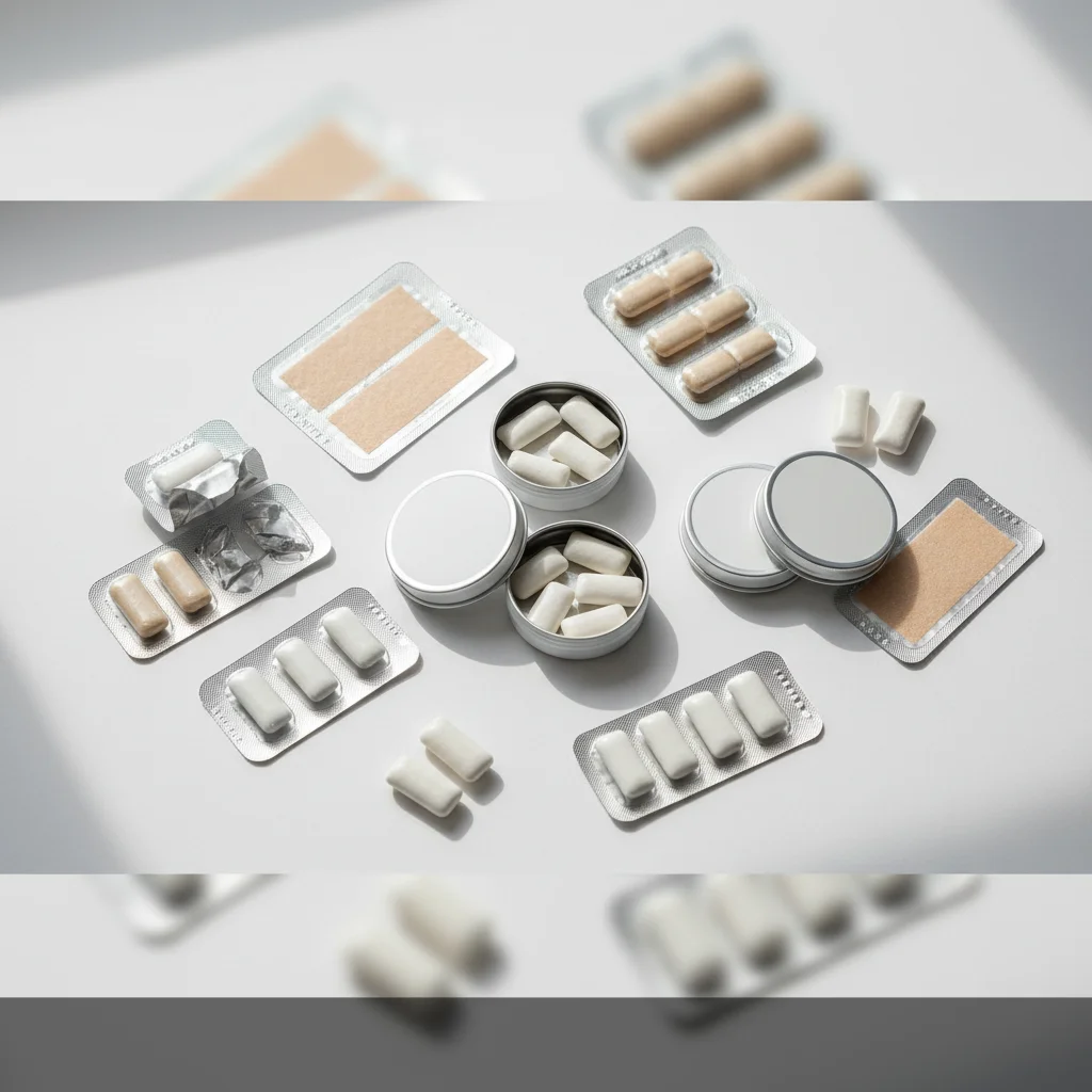 best smoking cessation products laid out including nicotine patches gum and tobacco-free oral pouches