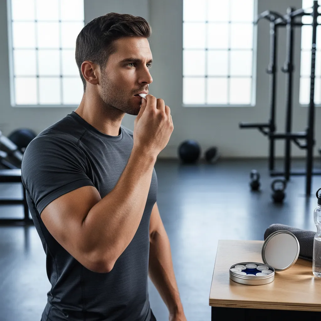 fitness athlete using clean pre-workout energy pouch before training session as alternative to powder pre-workout supplements