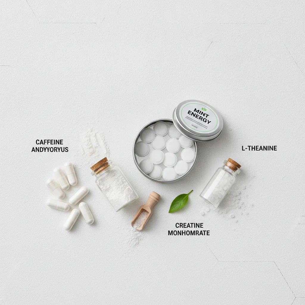 clean pre-workout supplements ingredients laid out on gym surface including caffeine nootropics and energy pouches