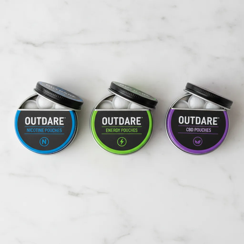 Three Outdare pouch tins showing nicotine energy and CBD variants for how to manage cravings with ritual substitution