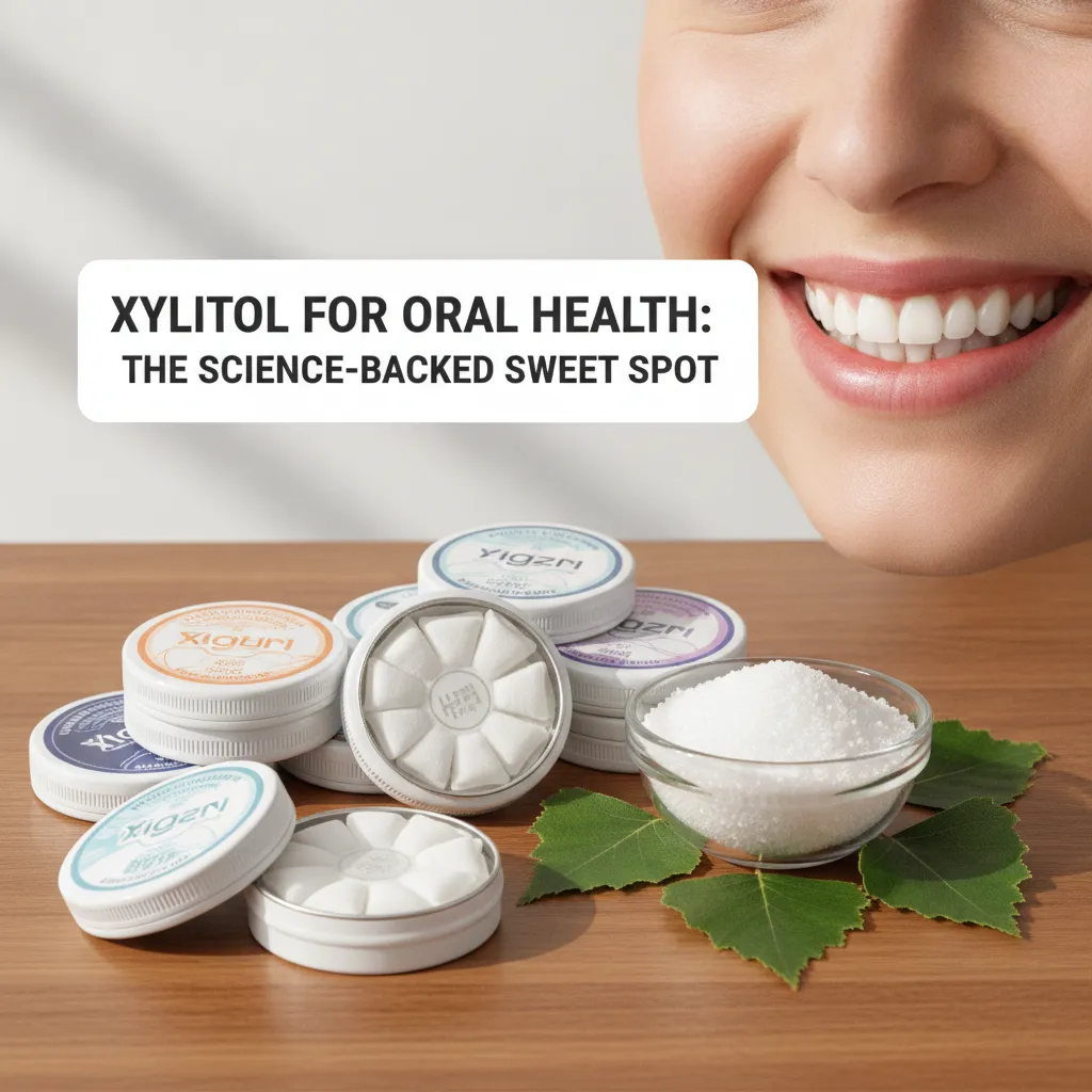 xylitol crystals and birch leaves representing xylitol for oral health benefits