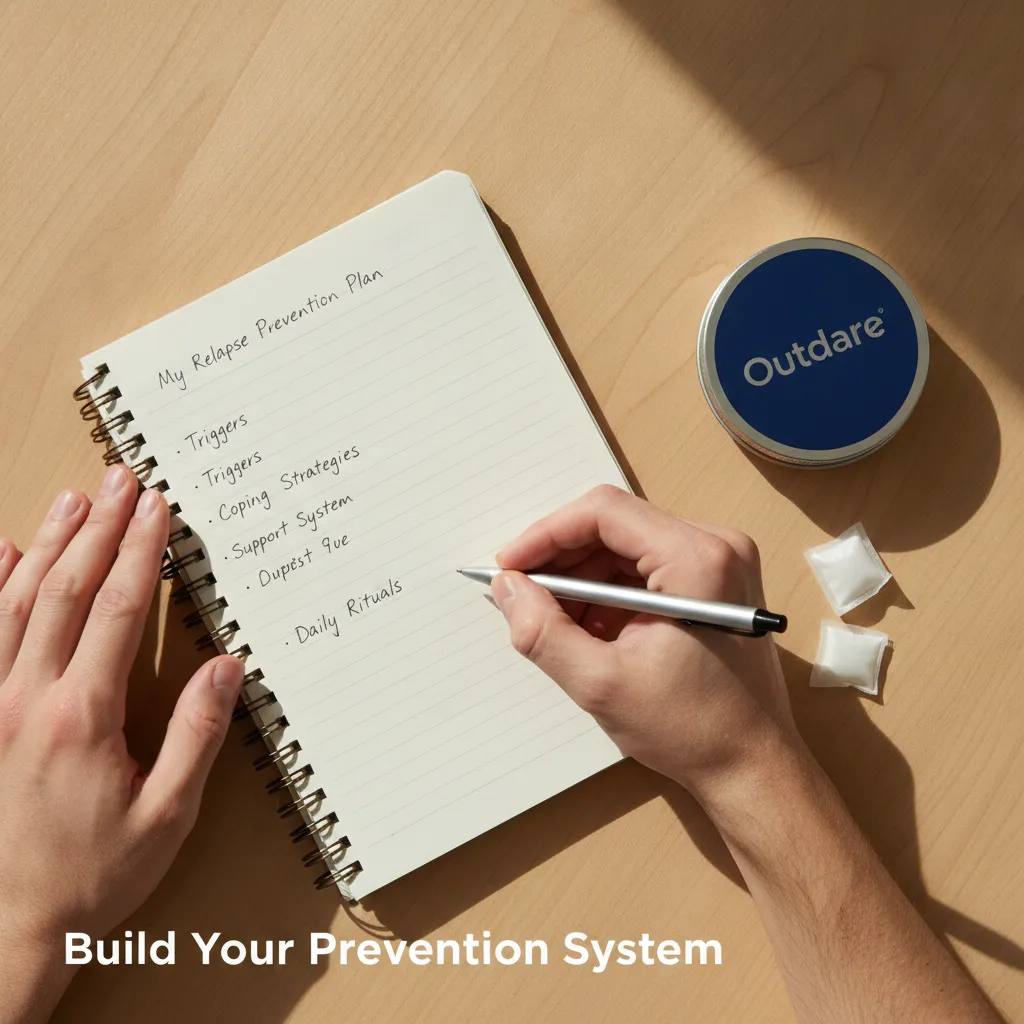 person writing a relapse prevention techniques plan in a notebook with nicotine pouch tin nearby
