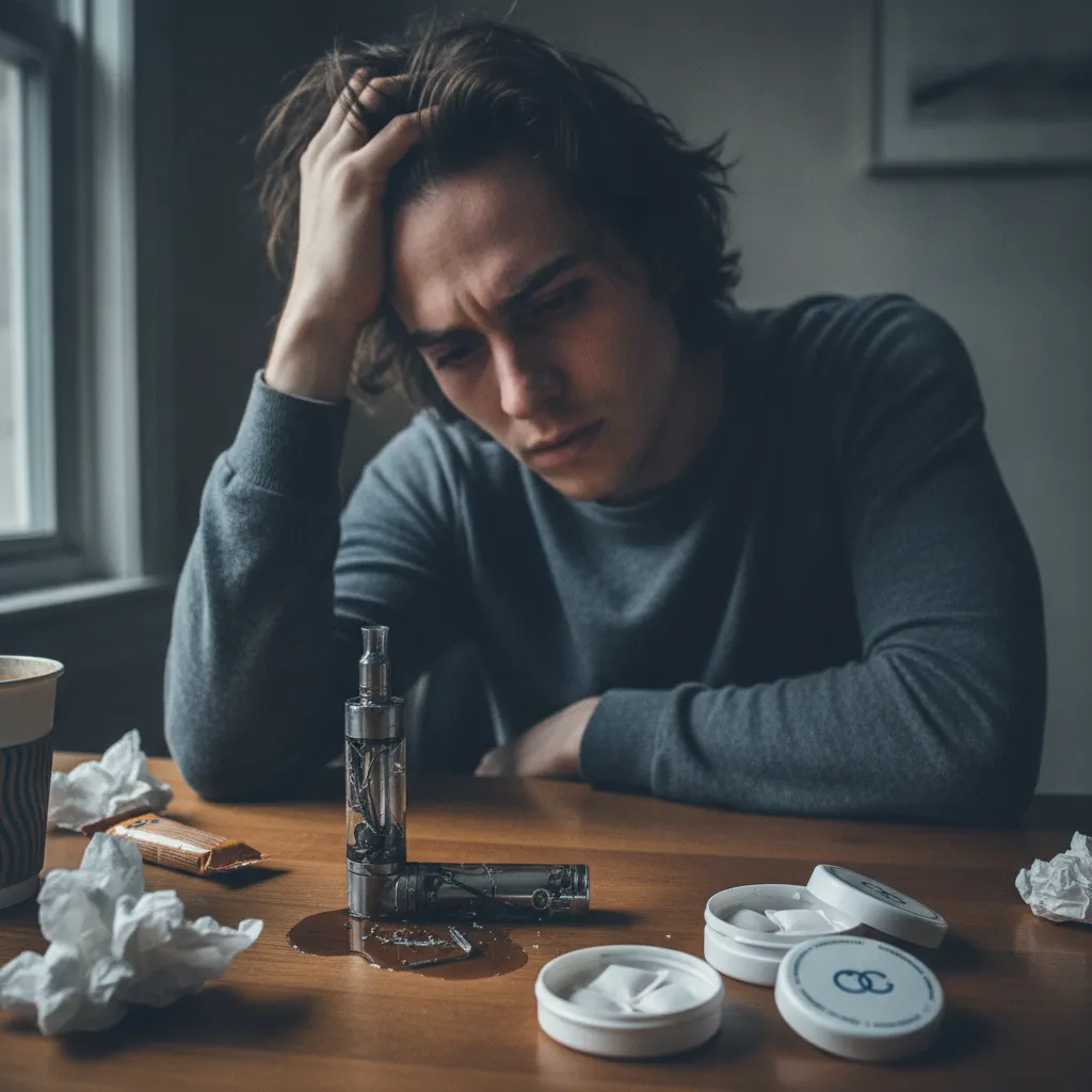 person experiencing vaping withdrawal symptoms sitting at a desk looking fatigued