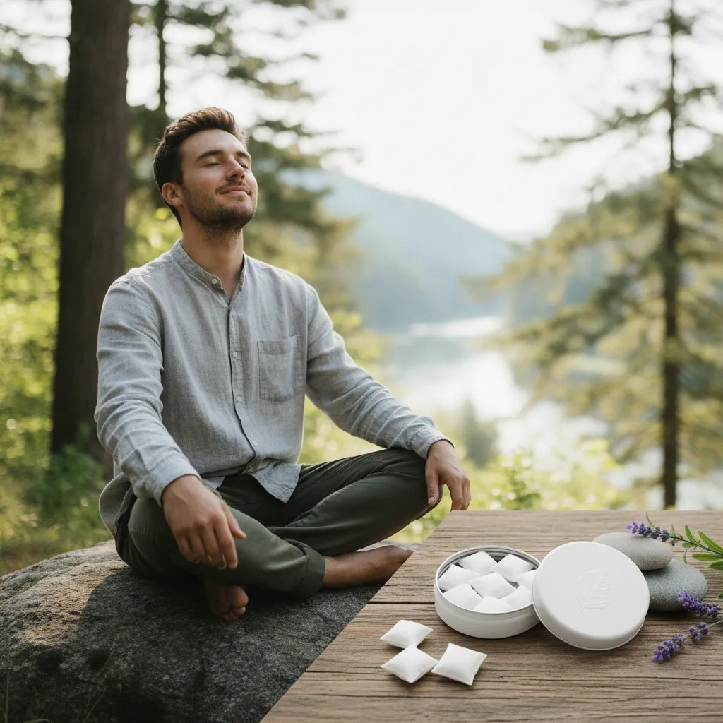 Young man practicing breathing exercises to reduce anxiety naturally outdoors