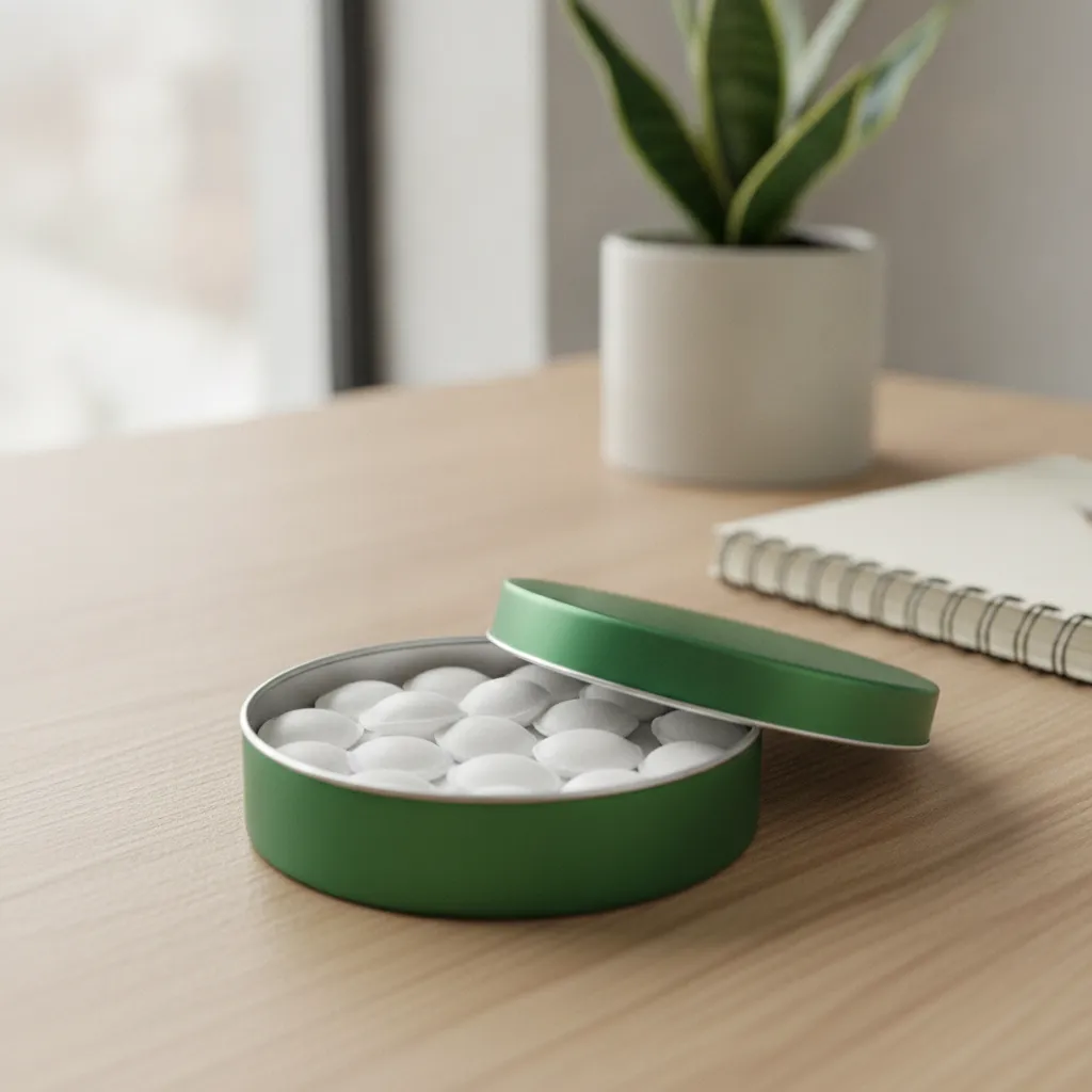 Functional plant-based wellness products in oral pouch format showing clean white pouches in a round tin