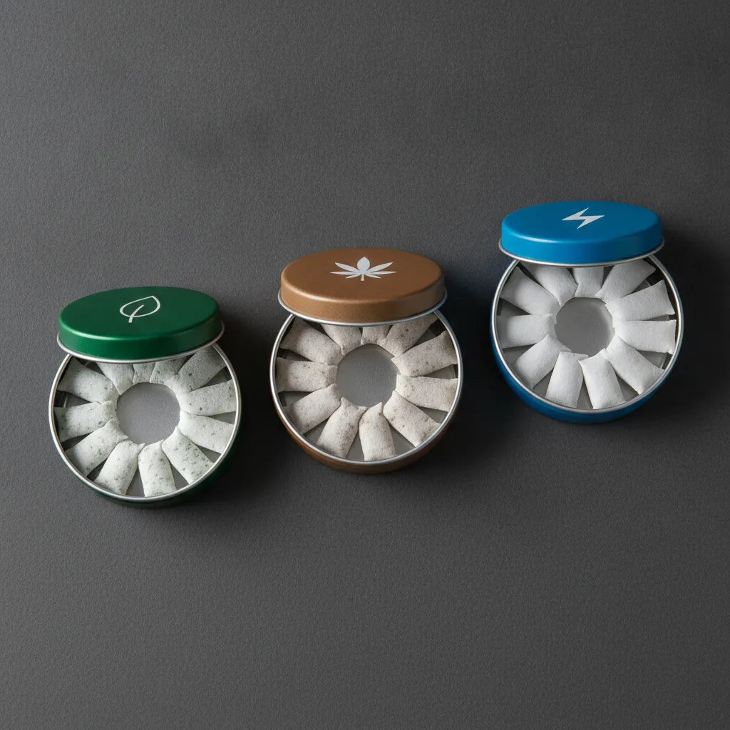 Outdare plant-based wellness products showing three functional pouch tins for energy, CBD, and nicotine reduction