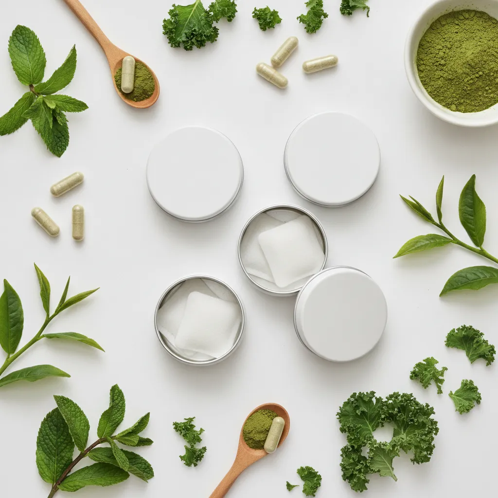 Overview of plant-based wellness products including functional pouches and botanical supplements