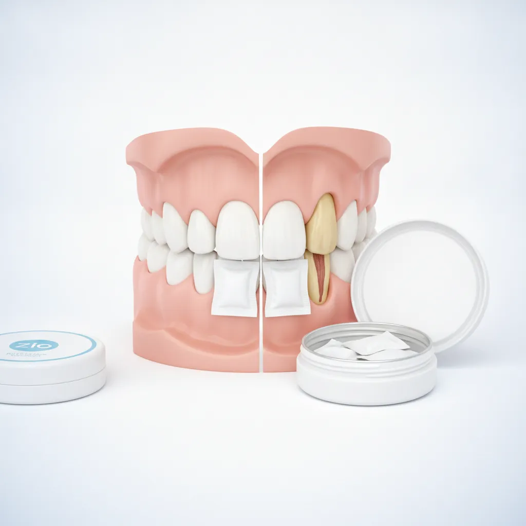 diagram showing nicotine pouch gum recession at placement site compared to healthy gum tissue