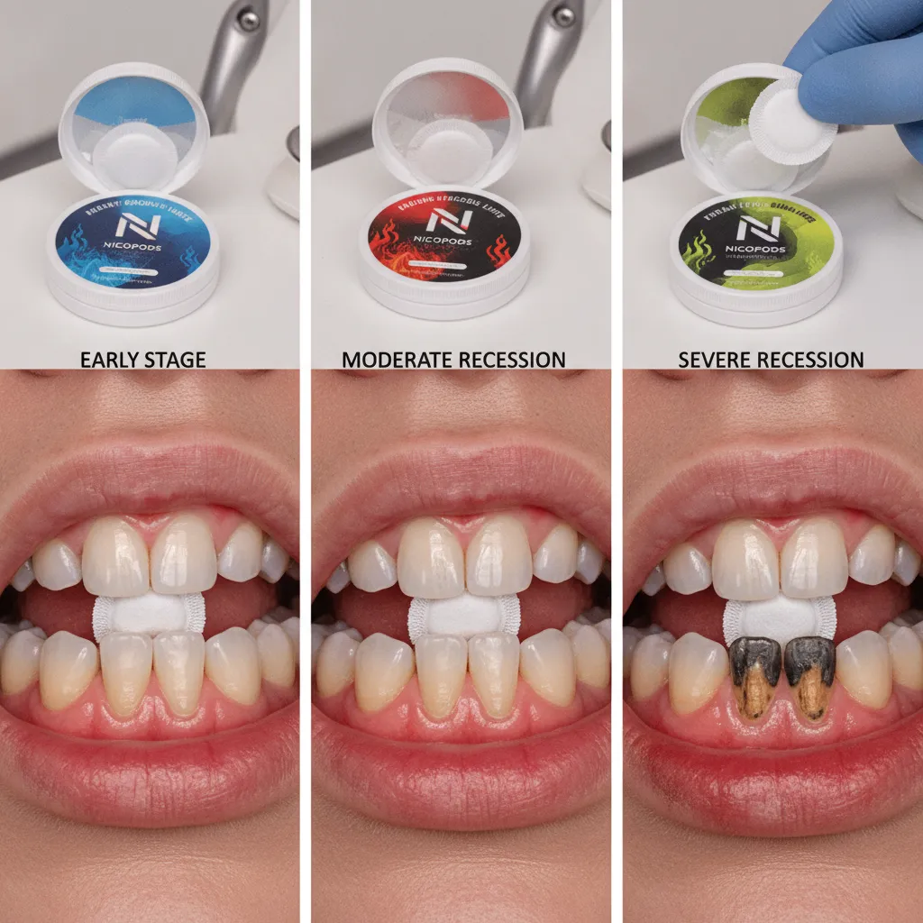 progression of nicotine pouch gum recession from early irritation to advanced root exposure